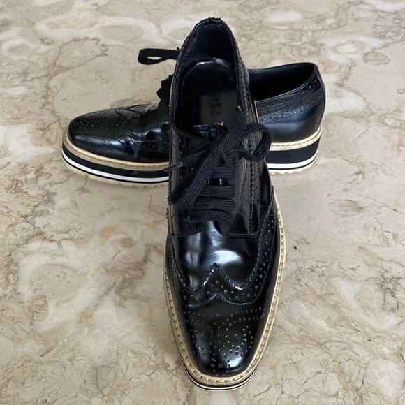 Prada Black Brogue Leather Wingtip Platform Oxford Shoes - Picture 3 of 14